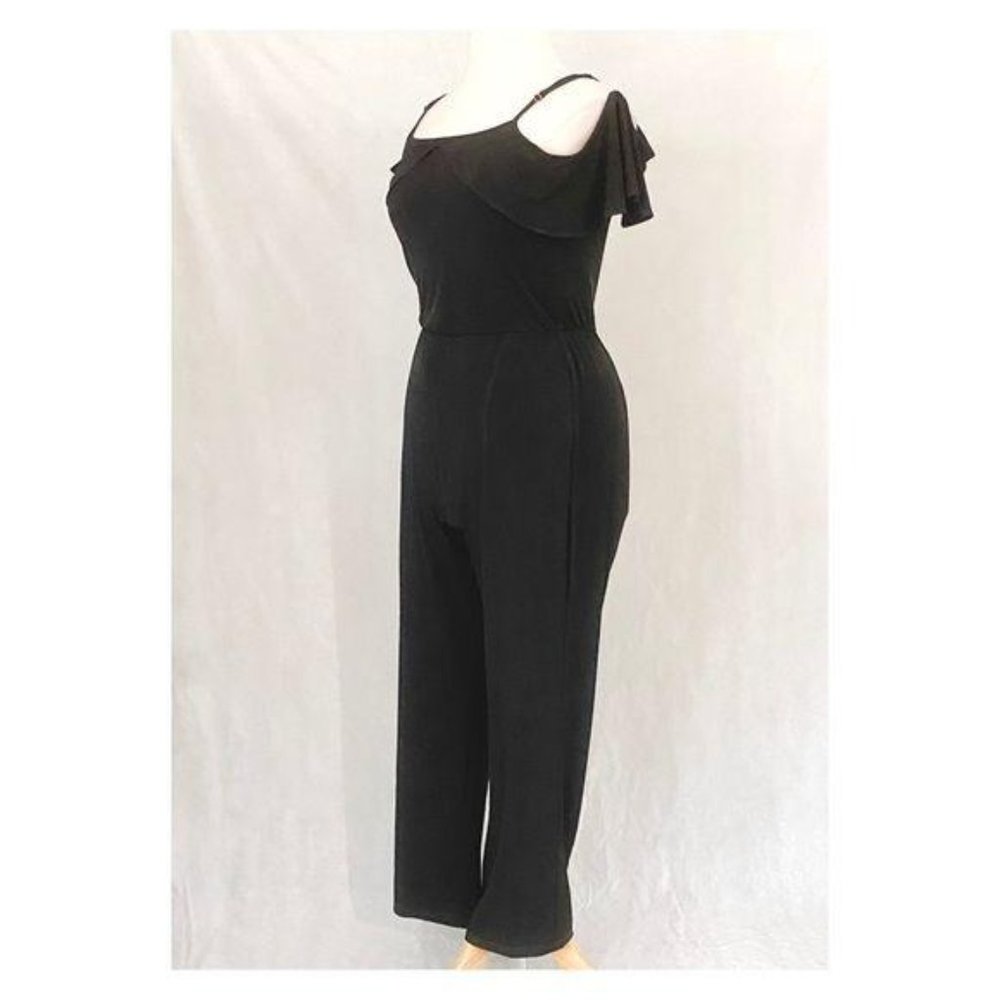 Beige by ECI Ruffle Cold Shoulder Black Jersey Knit Jumpsuit - Picture 6 of 12